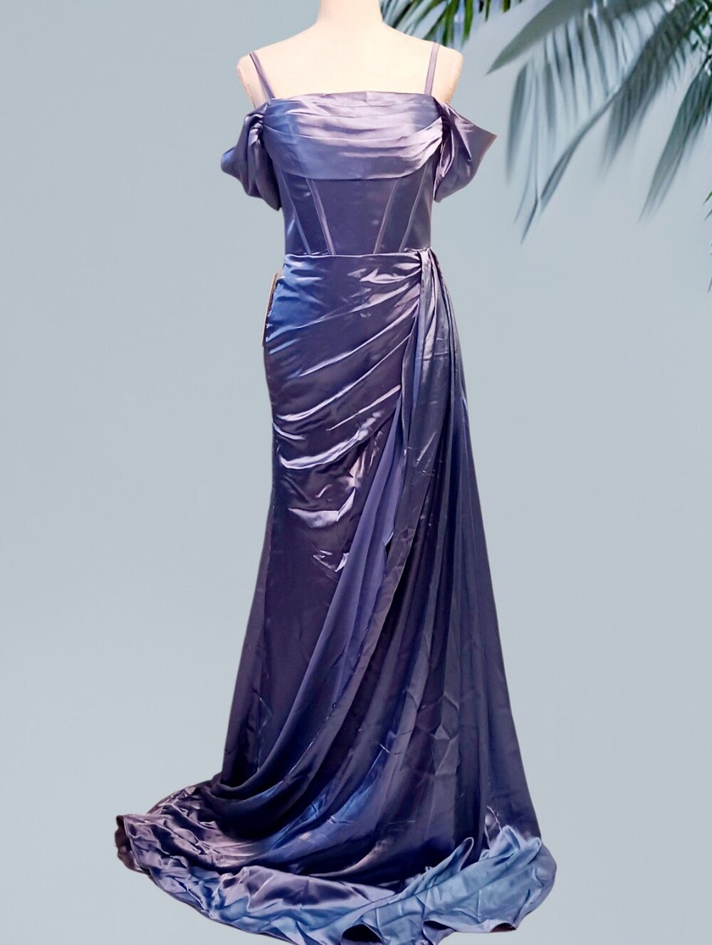 Elegant Blue Off-Shoulder Satin Evening Gown Ruched Skirt & A Ribbon Tie Back XS